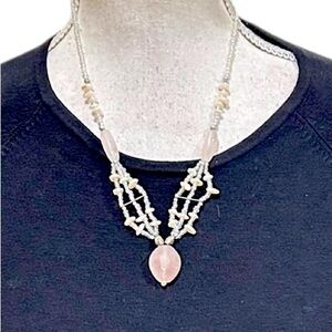 Vintage LdadPR faceted pink quartz pendant pale pink pearlized beads extender